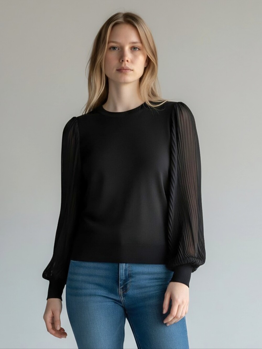 Zac & Rachel Black Sweater with Semi-Sheer Pleated Sleeves Sz M Rayon/Polyester